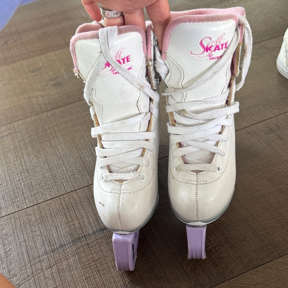 White and Pink Ice Skates with Purple Wheels